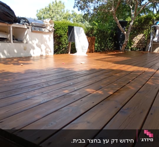 דק עץ בגינה עם צמחייה מסביב